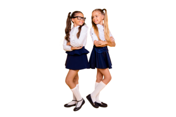 Full length, legs, body, size portrait of beautiful, pretty, charming, lovely, sweet small girls stand back-to-back with crossed arms took to each other isolated on shine yellow background