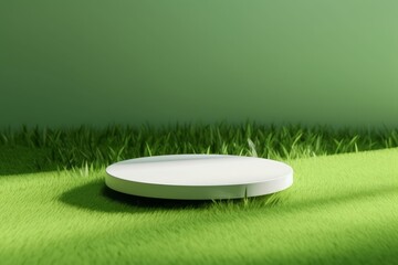 3D display podium green background with natural green grass and sun shadow.  Nature minimal pedestal, beauty, cosmetic product presentation. Spring, summer landscape banner template 3d, Generative AI