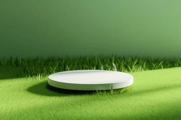 Foto op Canvas 3D display podium green background with natural green grass and sun shadow.  Nature minimal pedestal, beauty, cosmetic product presentation. Spring, summer landscape banner template 3d, Generative AI © Picture Perfect