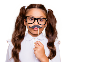 Free time for fun! Close up portrait of fancy, funky small girl with fake mustache with plump, pouted, blow lips isolated on yellow background with copy space for text