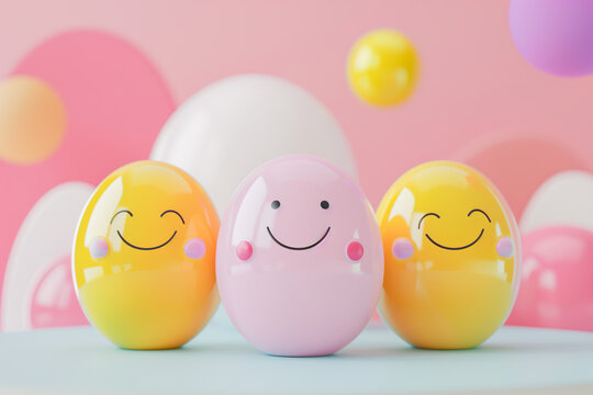 Colorful Easter eggs with cheerful faces on a pastel background