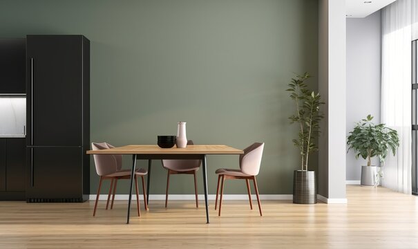 Blank sage green wall partition, white baseboard on parquet floor in luxury, modern kitchen with wooden dining table, cupboard, black refrigerator in sunlight from window curtain, Generative AI
