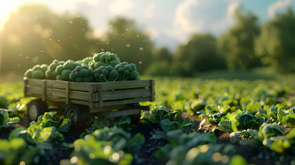 Cargo truck carrying broccoli vegetable in a field. Concept of agriculture, food production, transportation, cargo and shipping. - obrazy, fototapety, plakaty