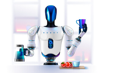 AI Robot servant cooking breakfast, coffee at home in the kitchen. Automated robotic bot cooker assistant holds a teapot, pours coffee into a mug. Robot cook with artificial intelligence. AI kitchener