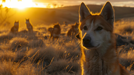 Dingo family standing in front of the camera in the rocky plains with setting sun. Group of wild animals in nature.