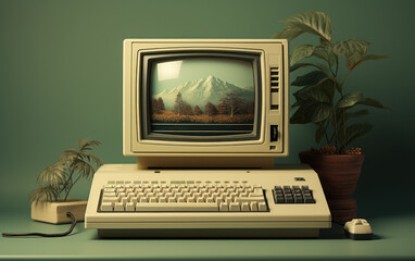 A retro-style computer and monitor against a green backdrop