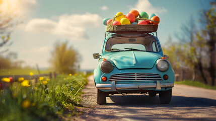 Vintage car full of colorful Easter eggs on the road with grass and spring flowers. Concept of Easte travel, transport and logistics.