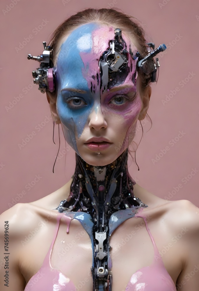 Poster an artistic android model with human-like features is accentuated with colorful paint drips, blendin