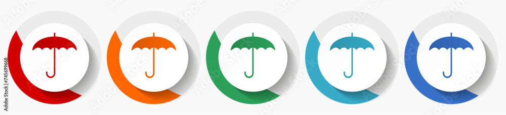 Poster umbrella vector icon set, flat design colorful round icons in 5 color options for webdesign and mobi