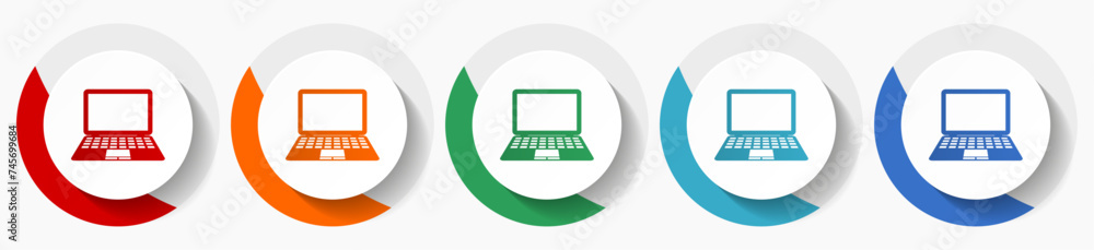 Poster Laptop, notebook, computer vector icon set, flat icons for logo design, webdesign and mobile applications, colorful round buttons