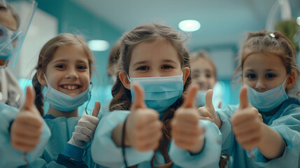 Group of children doing their dream job as Dentists at the office. Concept of Creativity, Happiness, Dream come true and Teamwork.