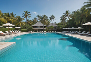 Fototapeta na wymiar Empty swimming pool in tropical resort in summer background