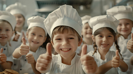 Group of children doing their dream job as Chief Cooks in the kitchen. Concept of Creativity, Happiness, Dream come true and Teamwork. - 745699696