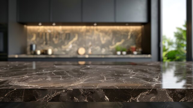 Modern black marble tabletop against blurry kitchen background, ideal for product displays