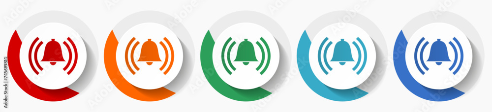 Poster Alarm vector icon set, flat icons for logo design, webdesign and mobile applications, colorful round buttons