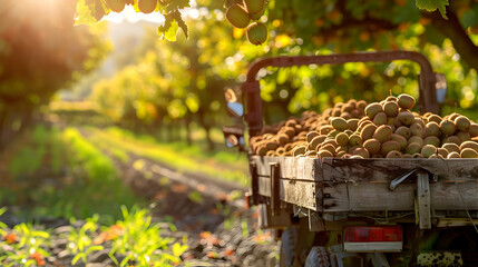 Cargo truck carrying kiwi fruit in a field. Concept of agriculture, food production, transportation, cargo and shipping.