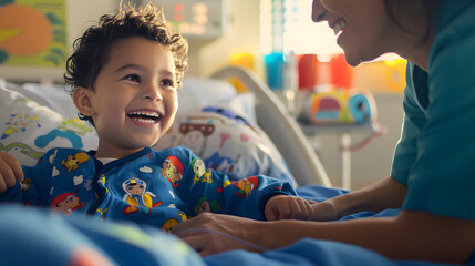 
Boy in pajamas is in a hospital bed looking at the nurse who makes him smile to make the hospital stay more bearable.