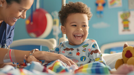 Boy in pajamas is in a hospital bed playing with the nurse who makes him smile.