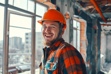 Smiling bearded man in hard hat inside building