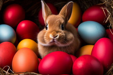 Fototapeta na wymiar Easter bunny and colored easter eggs
