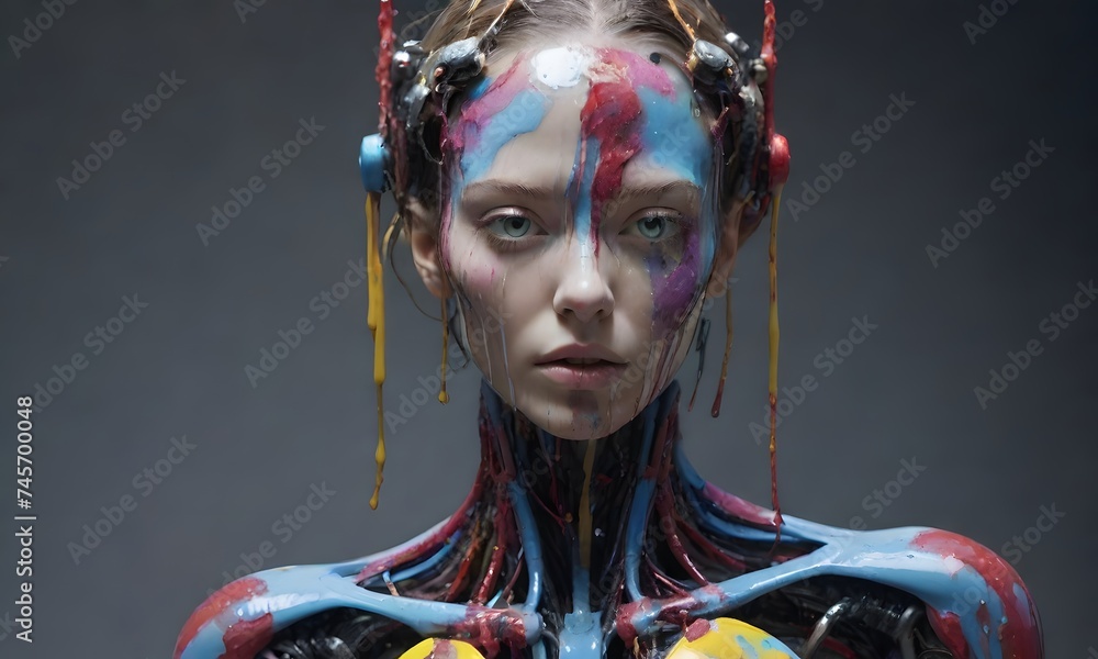 Poster a surreal android portrait features colorful horns and dripping paint, presenting a striking blend o