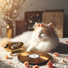 A white lazy cat sleeps near a gold vintage phone. Retro style generative ai