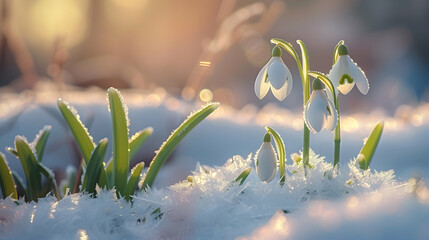 Colorful snowdrop flowers and grass with hoarfrost growing from the snow and sunshine in the background. Concept of spring coming.