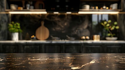 Modern black marble tabletop against blurry kitchen background, ideal for product displays