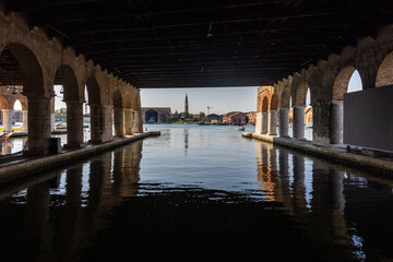 Venice, Italy - The Venetian Arsenal. The Gaggiandre, two magnificent shipyards built between 1568...