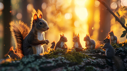 Squirrel family on the forest tree in the evening with sunset. Group of wild animals in nature.