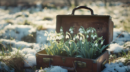 Vintage suitcase with snowdrop flowers and hoarfrost lying on the snowy surface. Concept of spring coming.