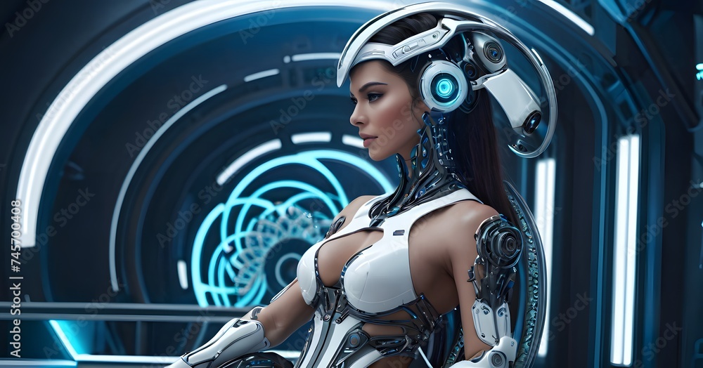 Poster a sophisticated android sits in repose, her contemplative gaze and sleek design epitomizing the blen