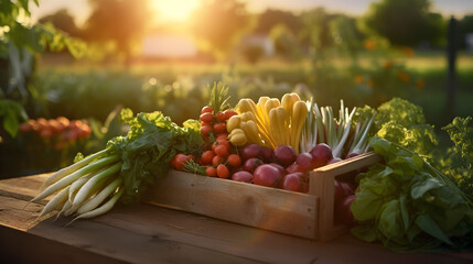 Various kinds of vegetables harvested in a wooden box in a field with sunset. Natural organic fruit abundance. Agriculture, healthy and natural food concept. Horizontal composition.