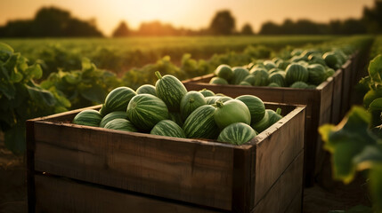Watermelons harvested in a wooden box in a field with sunset. Natural organic vegetable abundance. Agriculture, healthy and natural food concept.