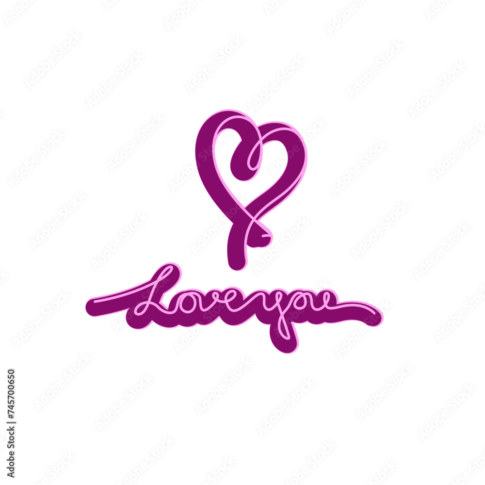 Wall mural Love you inscription and heart, continuous line drawing, hand lettering small tattoo, print for clothes, t-shirt, emblem, logo design, one single line on a white background, isolated vector.