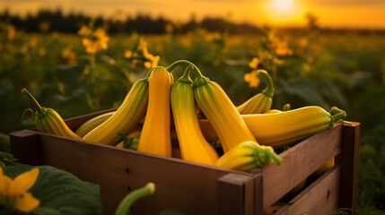 Zucchini harvested in a wooden box with field and sunset in the background. Natural organic fruit abundance. Agriculture, healthy and natural food concept. Horizontal composition. - obrazy, fototapety, plakaty