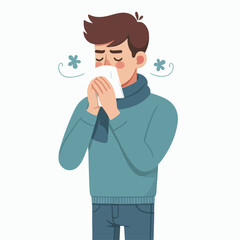 flat design illustration of a man covering his mouth with a tissue when sneezing