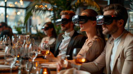 Group of people at a restaurant wearing VR headsets