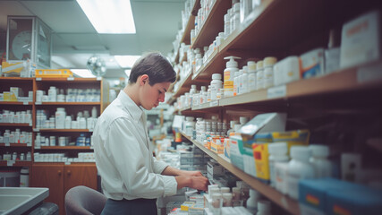 A focused pharmacist meticulously arranges various medicines on the shelves in a pharmacy, showcasing the detailed work in healthcare provision.