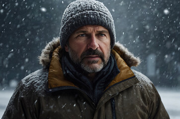 Fototapeta na wymiar A determined middle-aged caucasian man braving harsh winter conditions in a snowy snowstorm. Showcasing his rugged. Snow-covered beard and intense gaze while wearing winter clothing with a fur hood