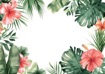 Fototapeta na wymiar Hand drawn watercolor tropic flowers border. Summertime lovely floral element illustration, mockup. Trendy colourful summer background. For print, cloth, package, postcard, brochure, book