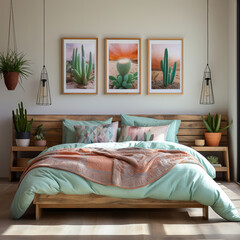 Boho Aesthetic bedroom, realistic photo, with wooden bed, cactus plants, sunlight coming from window, turquoise and pink pillows, hanging lights, 3 photo frames of cactuses, neutral linen sheets