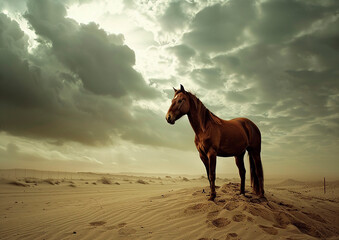 horse standing on top of a sandy beach under a cloudy sky