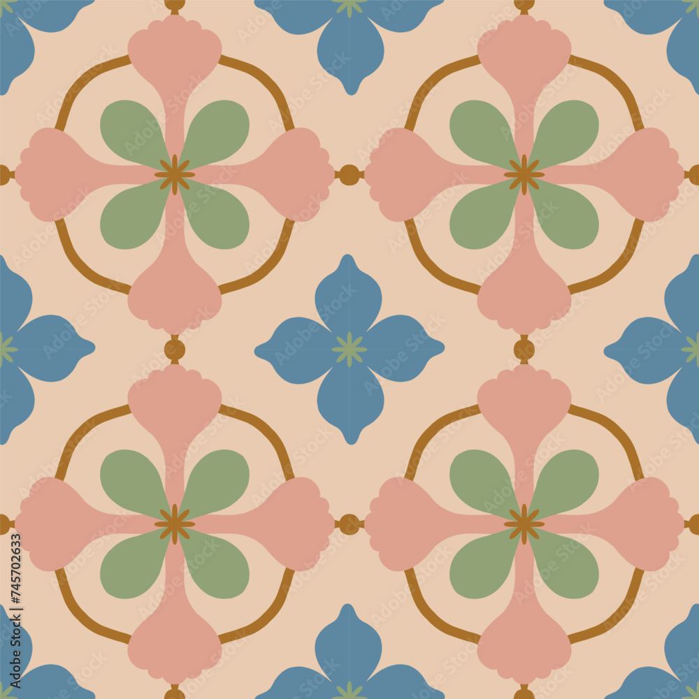 Wall mural beautiful seamless pattern with geometric floral tile. vector texture in ceramic tile style with sim