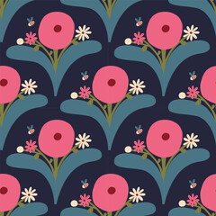 Beautiful seamless floral pattern in retro style. Cute blossoming bouquet texture. Vector background with hand drawn flowers and bees - 745702603