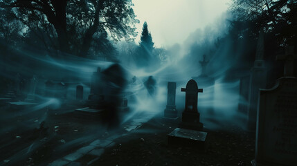 Eerie Ghostly Apparitions Captured Moving Through an Old Misty Cemetery at Dusk: Paranormal Activity and Haunting Concept - obrazy, fototapety, plakaty
