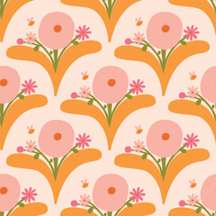 Beautiful seamless floral pattern in retro style. Cute blossoming bouquet texture. Vector background with hand drawn flowers and bees - 745702617