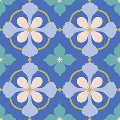 Beautiful seamless pattern with geometric floral tile. Vector texture in ceramic tile style with simple flowers and abstract shapes. Repetitive decorative background - 745702625