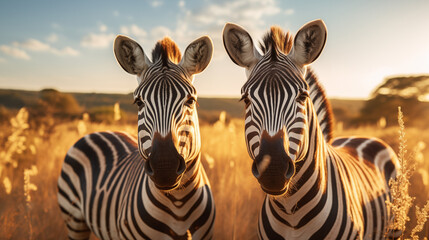 Zebras stehen im hohen Gras, Gruppe von Zebras im Sonnenuntergang in der Savanne - obrazy, fototapety, plakaty