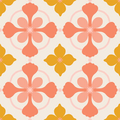 Beautiful seamless pattern with geometric floral tile. Vector texture in ceramic tile style with simple flowers and abstract shapes. Repetitive decorative background - 745702631